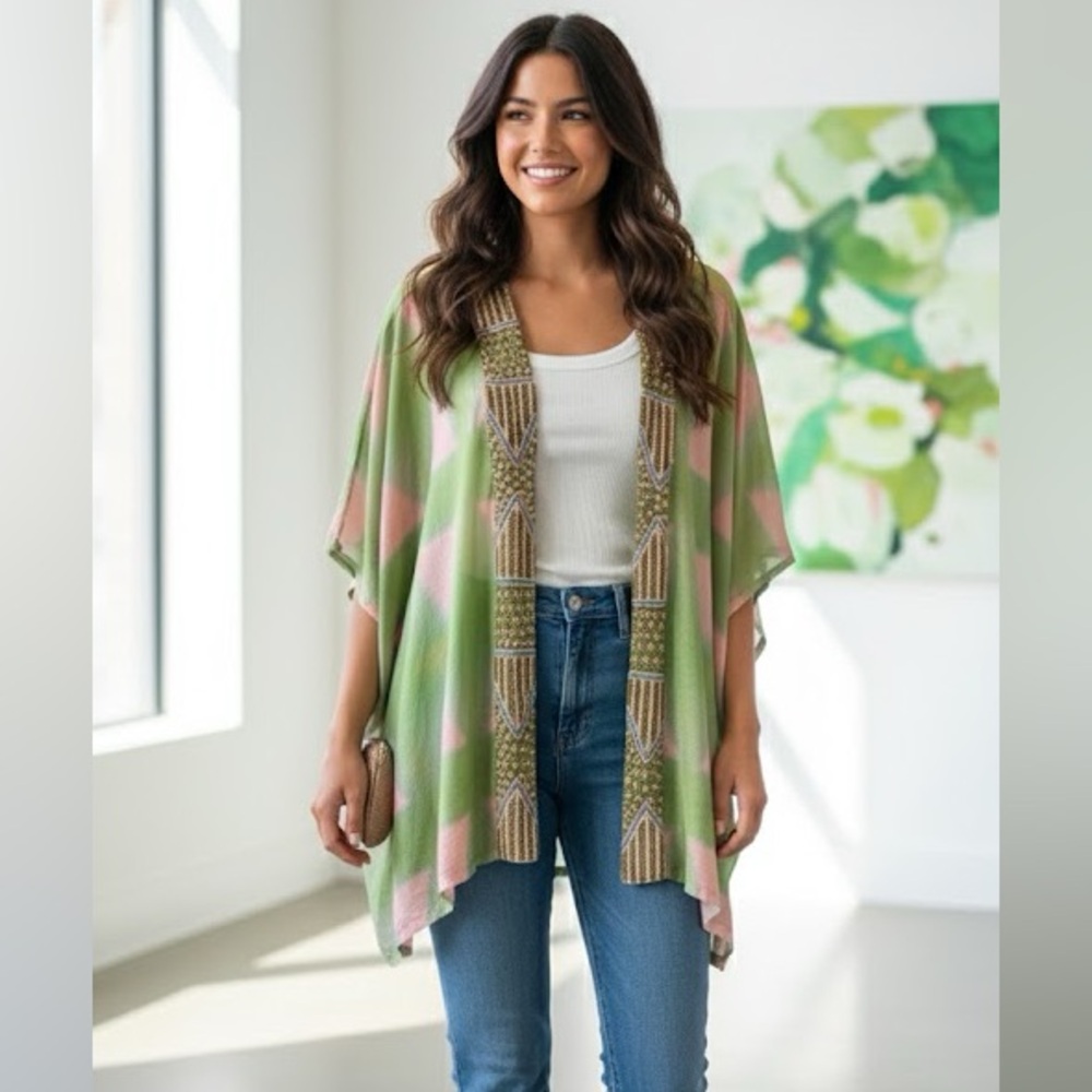 Hand Beaded Green and Pink Kimono